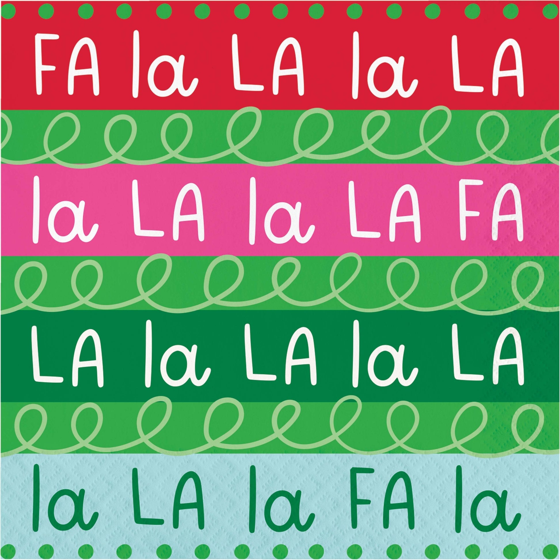 Holiday Frills Luncheon Napkins 192 ct. Colorful pattern with text 'FA la LA la LA' and decorative elements on a red, green, pink, and blue background.