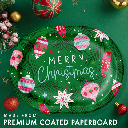 Holiday Frills Oval Dinner Paper Plates 96 ct. Decorative paper plate with Christmas design and 'Merry Christmas' text on a green background.