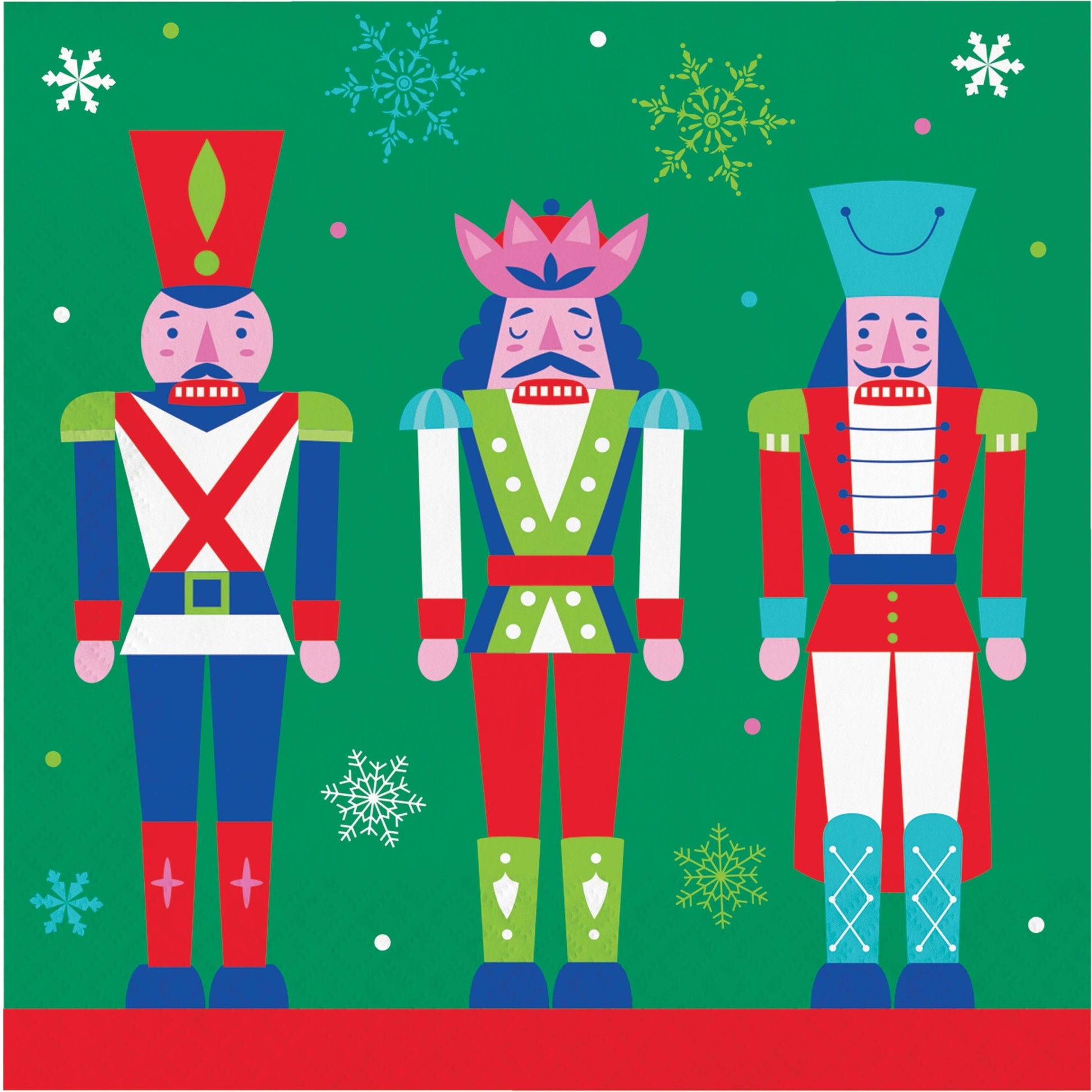 Joyful and Jolly Luncheon Napkins 192 ct. Paper napkins with three colorful nutcrackers on a green background with snowflakes
