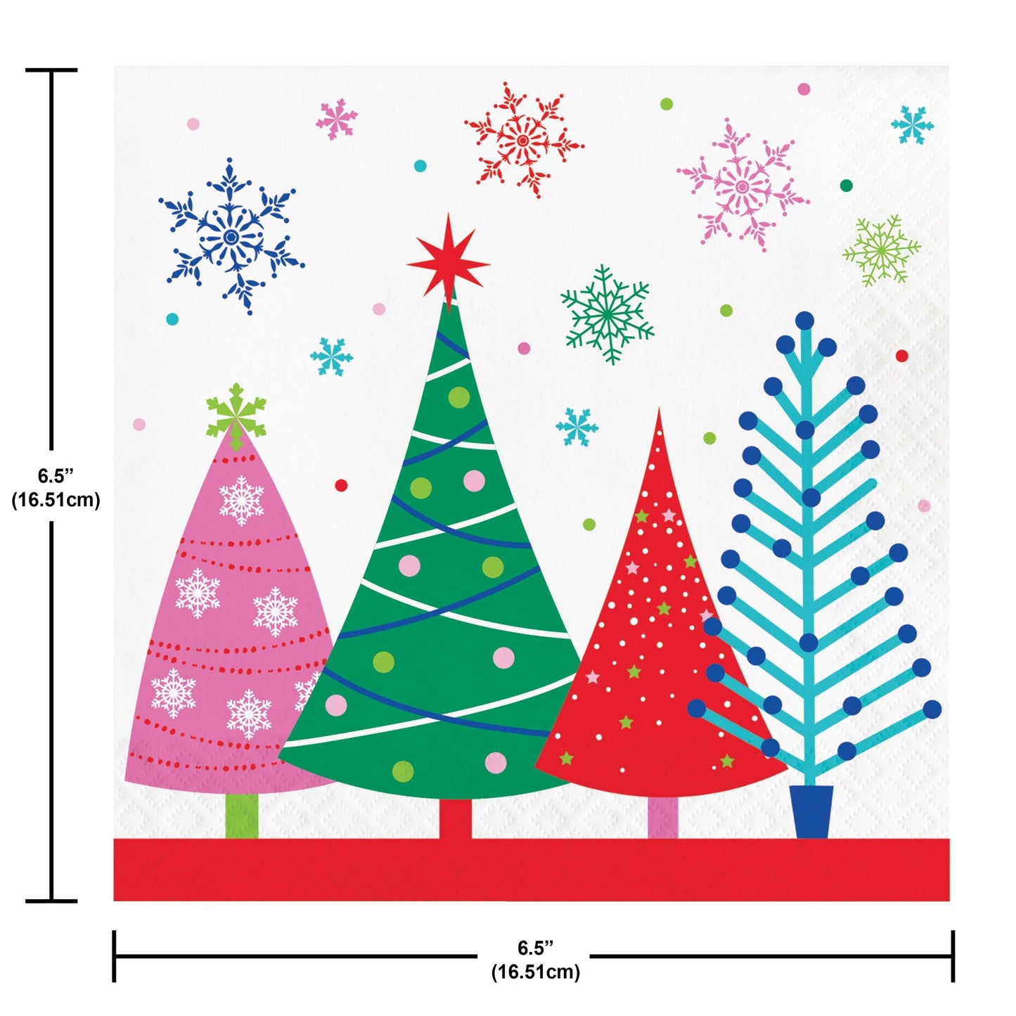 Joyful and Jolly Luncheon Napkins 192 ct. Colorful Christmas tree paper napkins with measurements on a white background