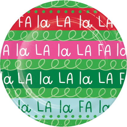 Holiday Frills Fa La La La La Dessert Paper Plates 96 ct. Circular decorative paper plate with 'FA la LA la' text on a colorful striped background