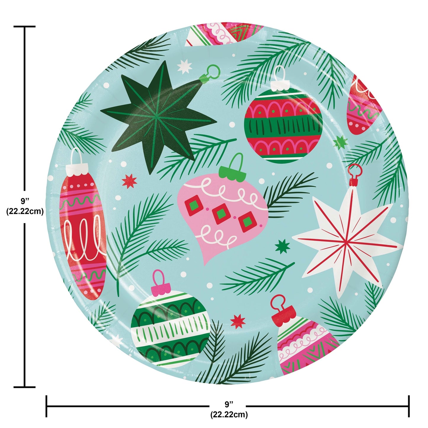 Holiday Frills Dinner Paper Plates 96 ct. Round paper plate with Christmas-themed design featuring ornaments and stars on a blue background, with dimensions indicated.