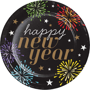 Black paper plate with colorful fireworks and 'happy new year' text