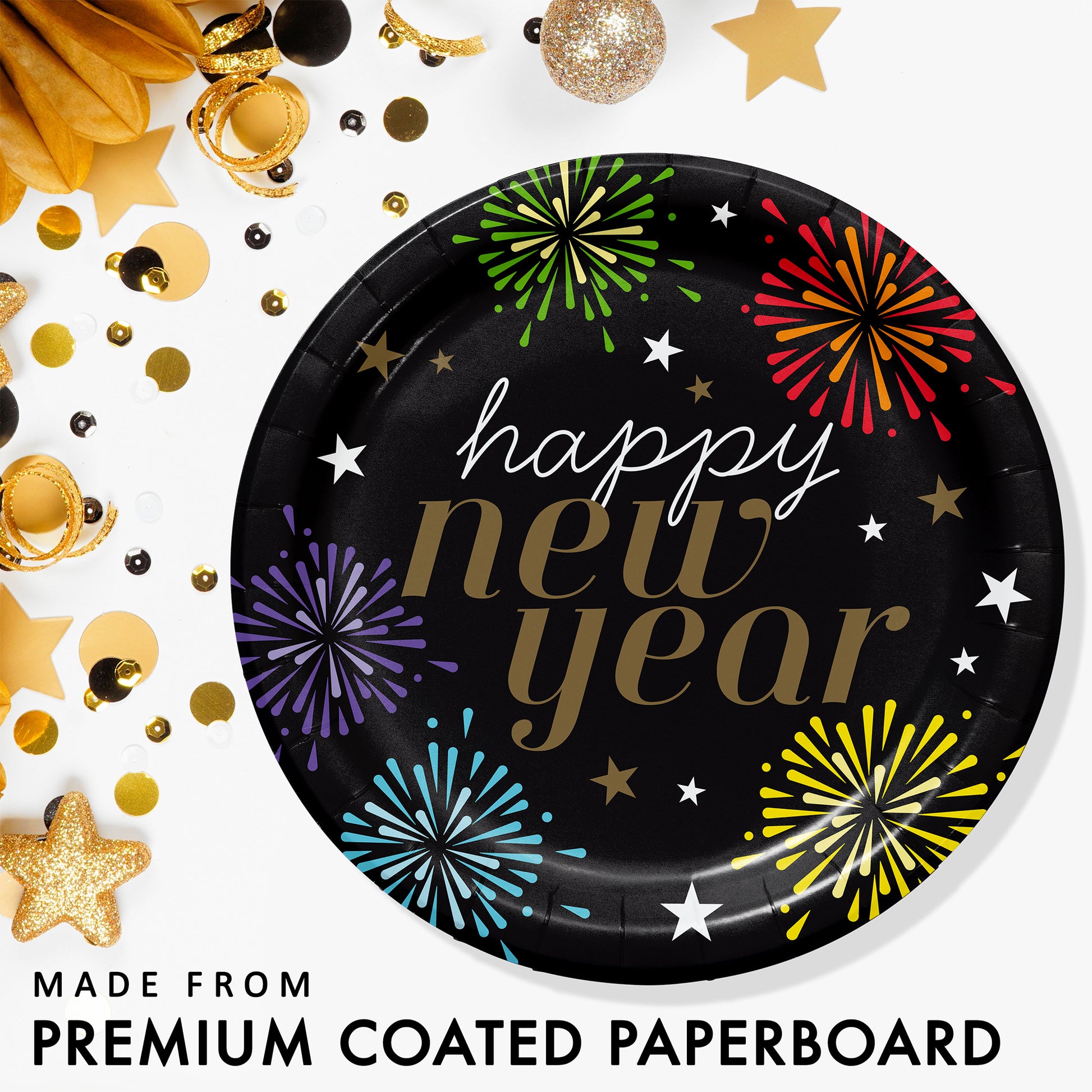Black paper plate with 'happy new year' text and colorful fireworks design, surrounded by festive gold decorations.