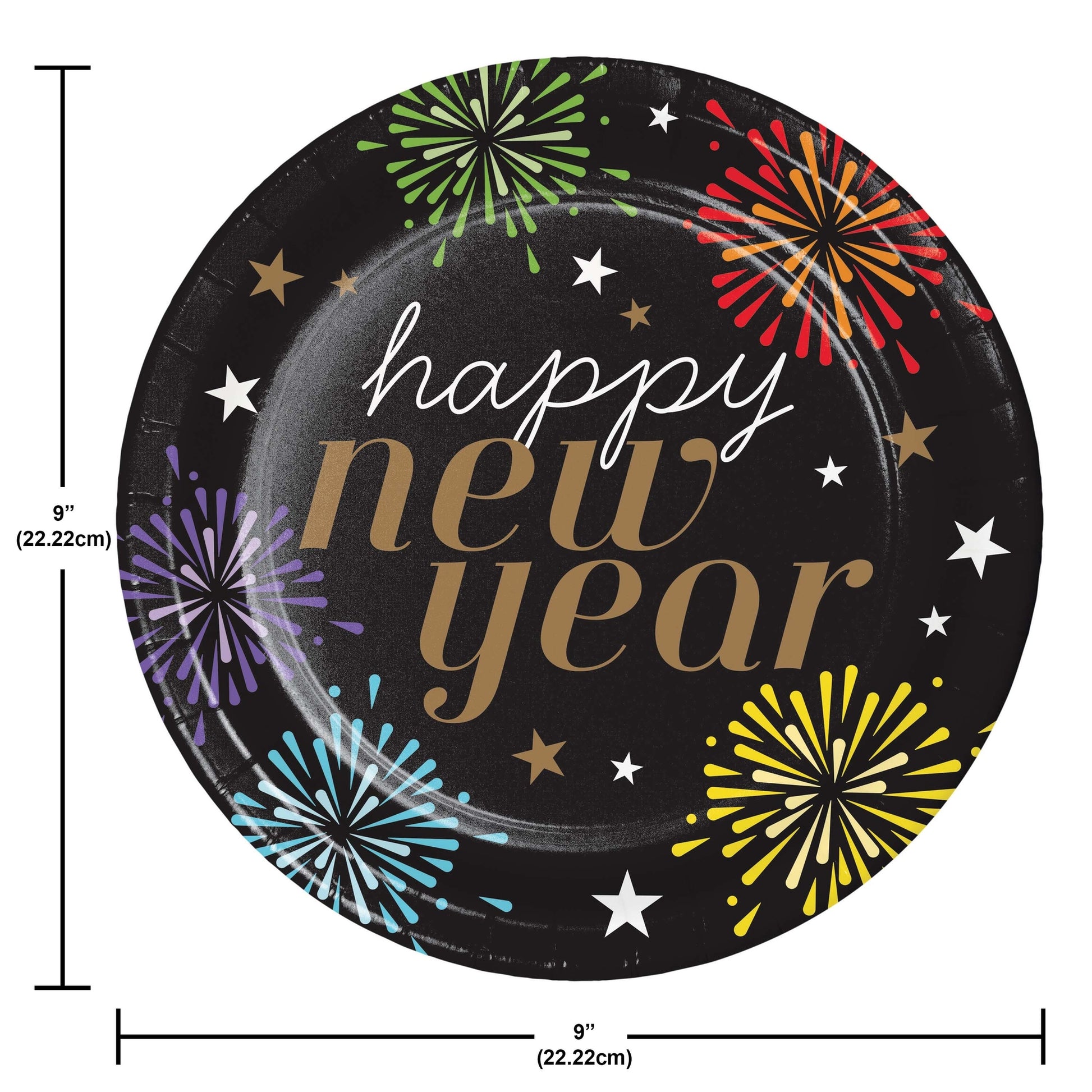 Round paper plate with 'happy new year' text and colorful fireworks design on a black background, with measurements indicated.