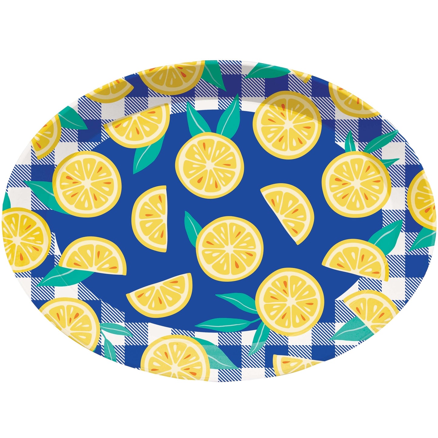 Oval plastic serving tray with lemon pattern on a blue and white checkered background