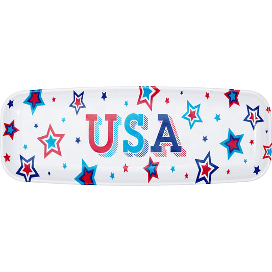 Plastic rectangular tray with 'USA' and star design on a white background