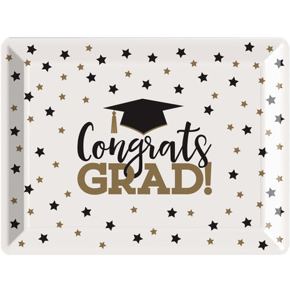 Decorative plastic tray with 'Congrats Grad!' text and graduation cap design on a white background with star patterns.
