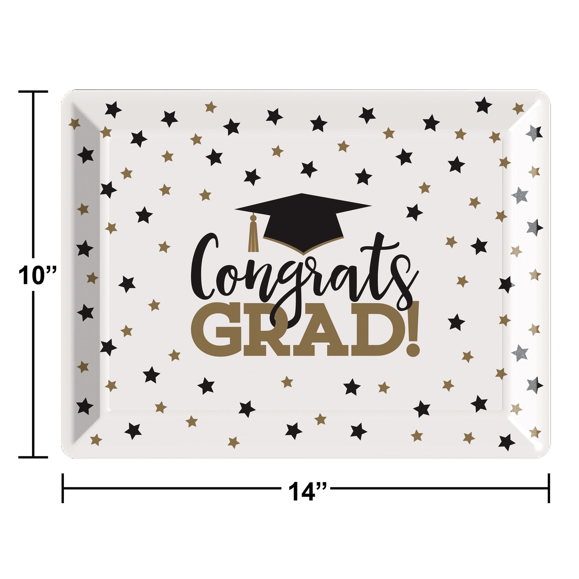 Decorative plastic tray with 'Congrats Grad!' text and star patterns, dimensions shown.