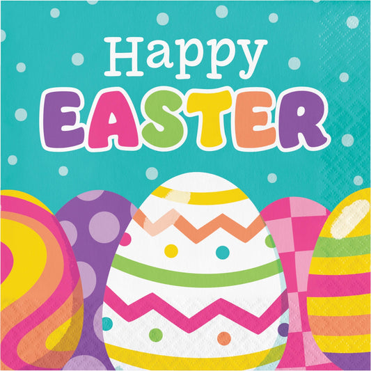 Colorful Easter-themed paper napkin with 'Happy Easter' text and patterned eggs on a turquoise background.