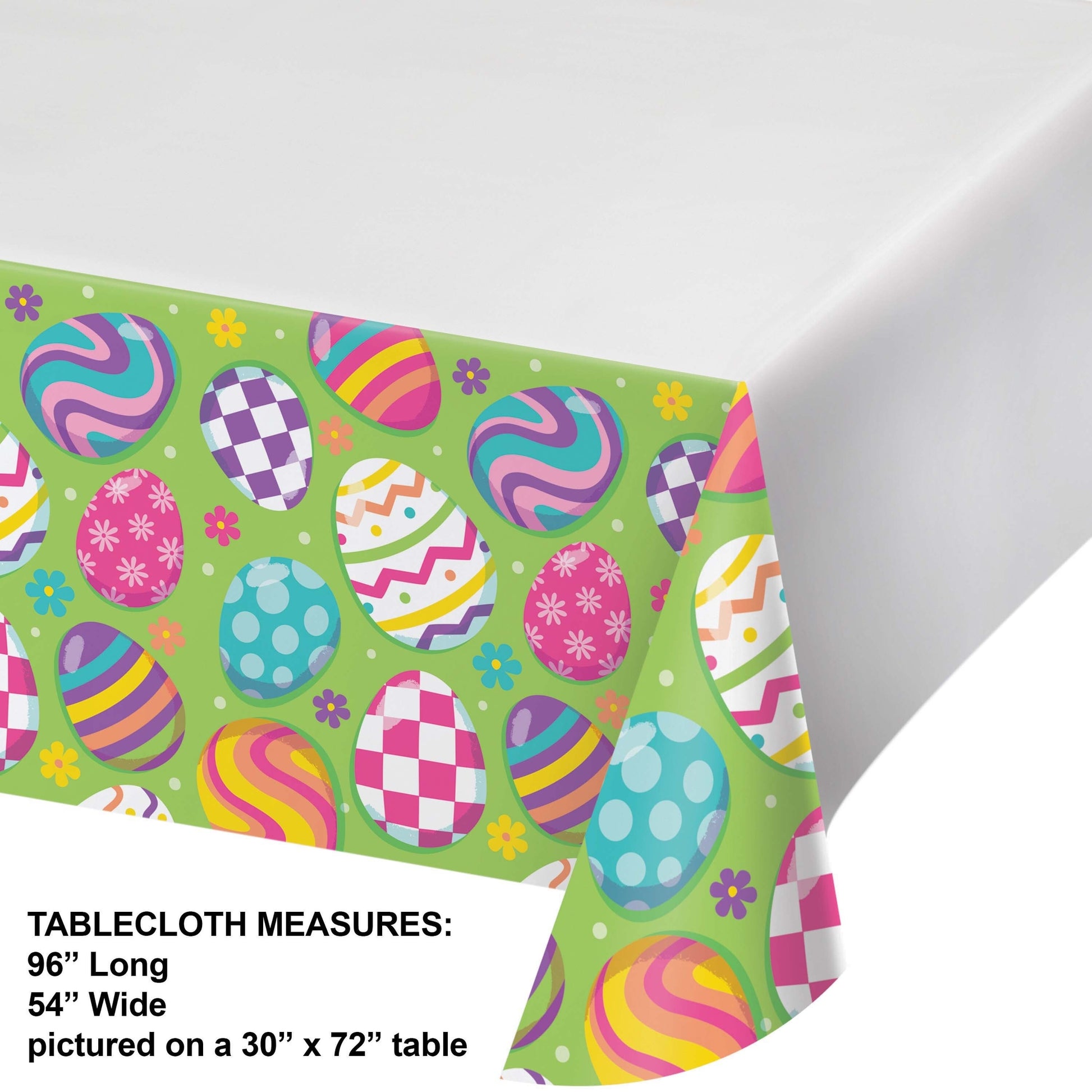 Colorful Easter egg patterned paper tablecloth on a white background. Dimensions shown.