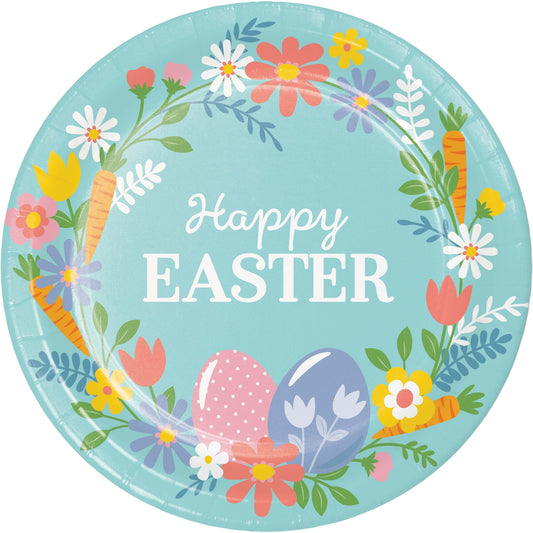 Round Easter-themed paper plate with flowers, eggs, and 'Happy Easter' text on a blue background.