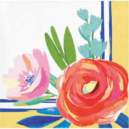 Colorful floral design with pink, red, and green flowers on a striped background
