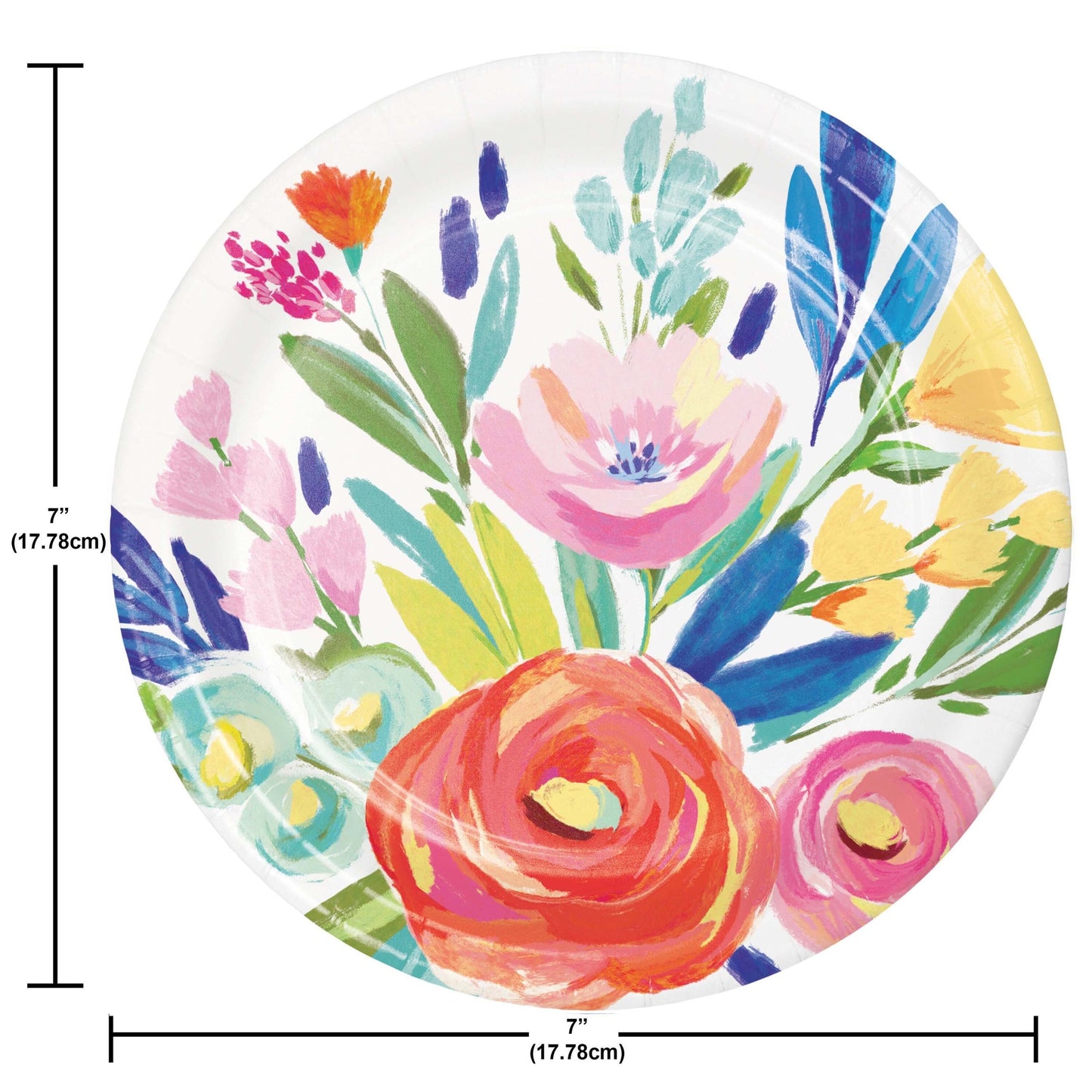 Floral-patterned plate with measurements on a white background