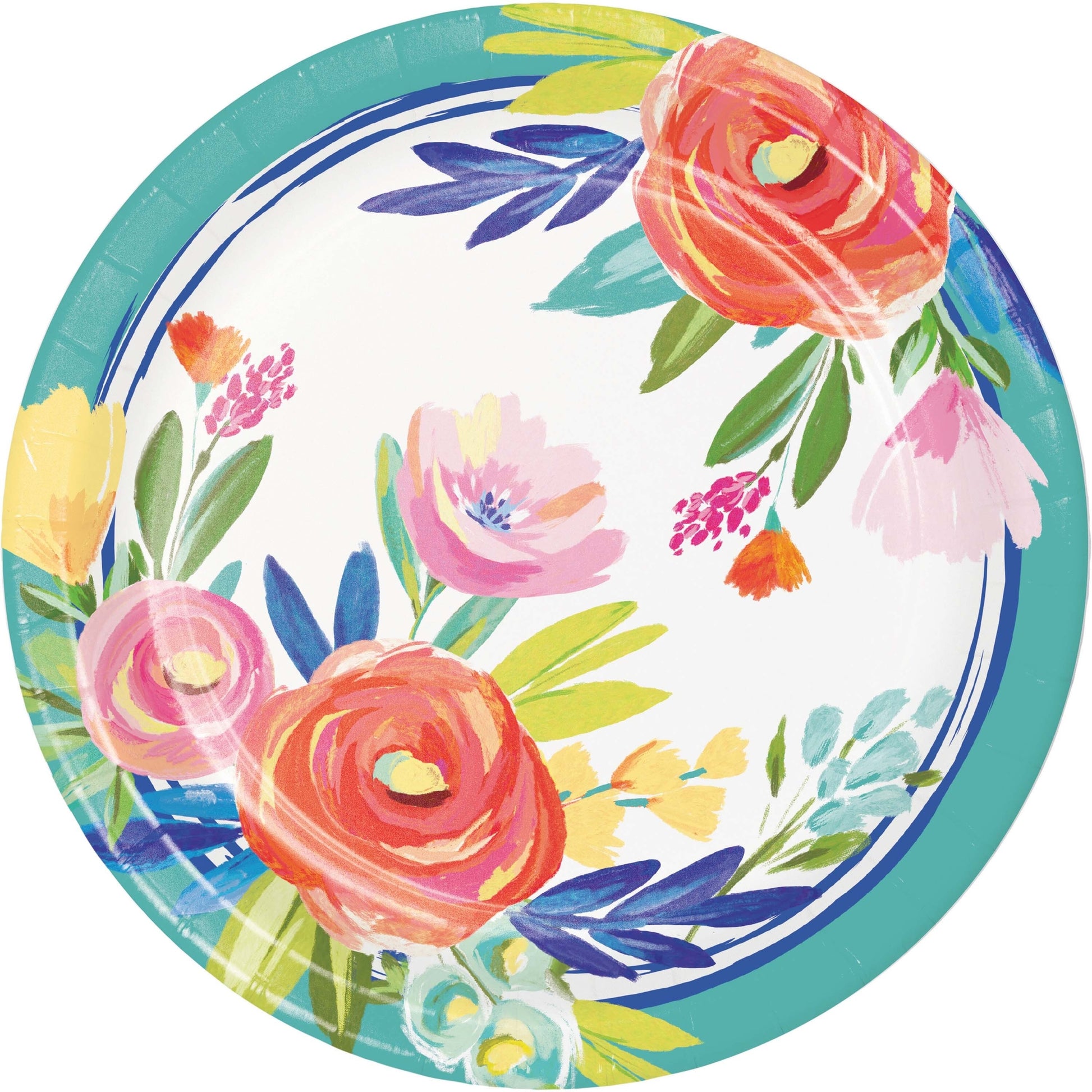 Floral paper plate with colorful flowers and leaves on a white background