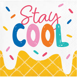 Colorful napkin with text 'Stay Cool' with ice cream cone graphic on a white background