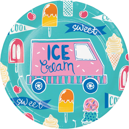 Colorful plate with ice cream truck design and text on a white background