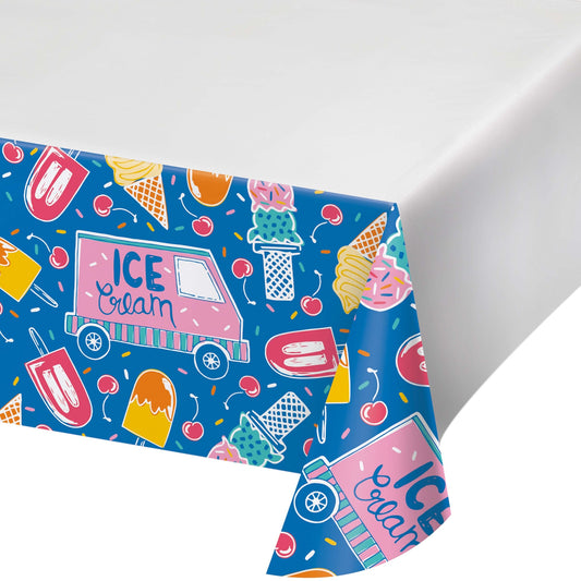 Colorful ice cream-themed paper tablecloth with ice cream truck design on a white background