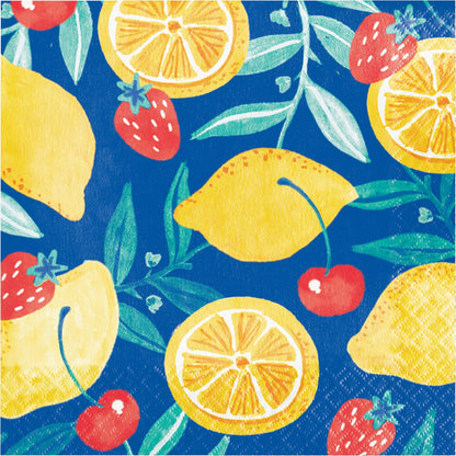 Napkins with pattern of lemons, strawberries, and cherries on a blue background