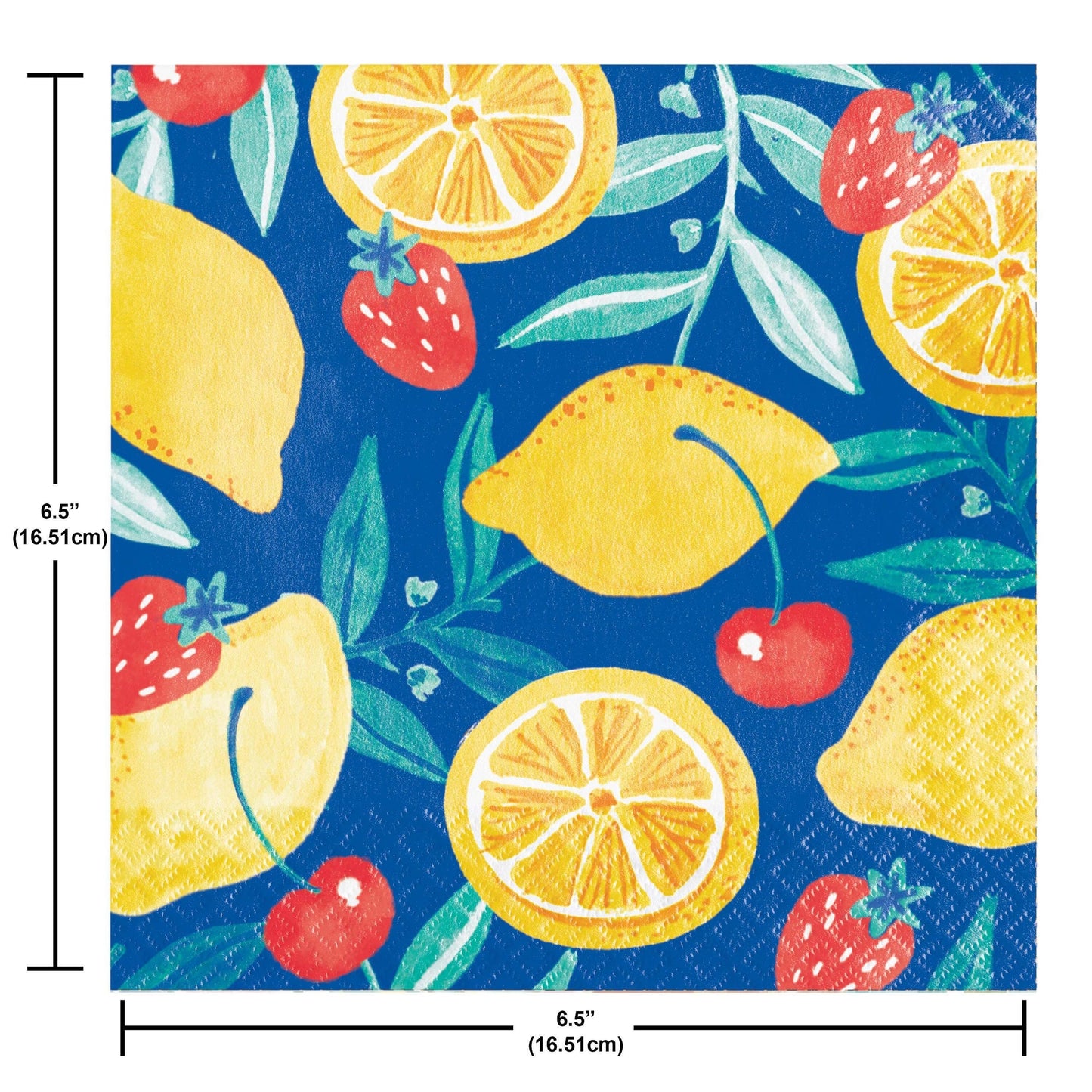 Fruit-inspired napkin with lemons, strawberries, and cherries on a blue background with measurements.