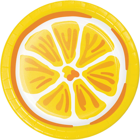 Paper plate with lemon slice design on a white background