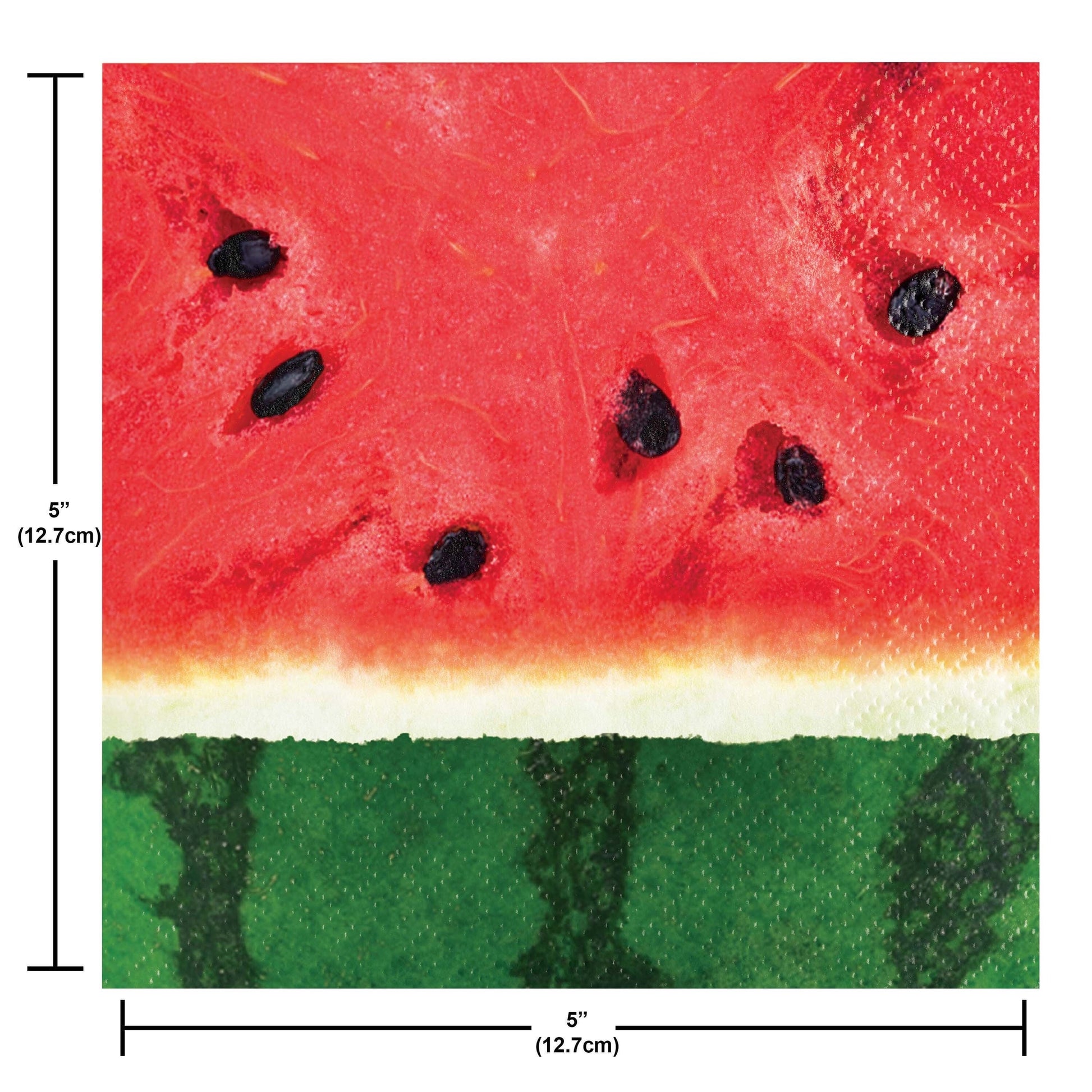 Napkin featuring a close-up of a slice of watermelon with red flesh, green rind, and black seeds. Measurements shown.