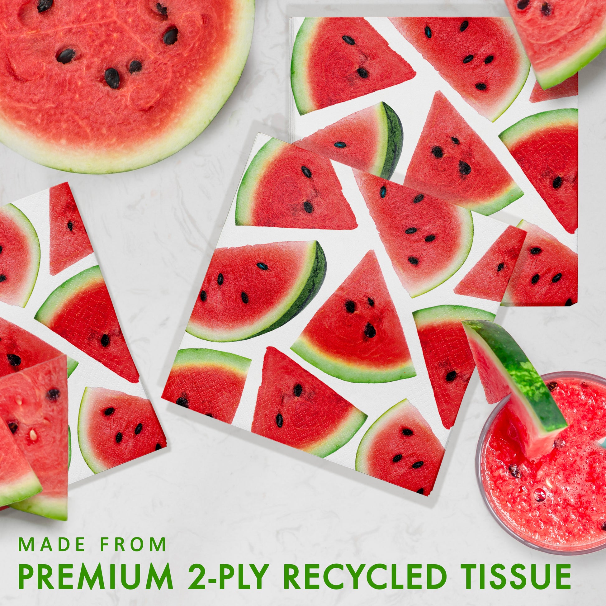 Watermelon-themed napkin with a close-up of watermelon slices and a glass of watermelon juice. Includes text featuring "Made from premium 2-ply recycled tissue".