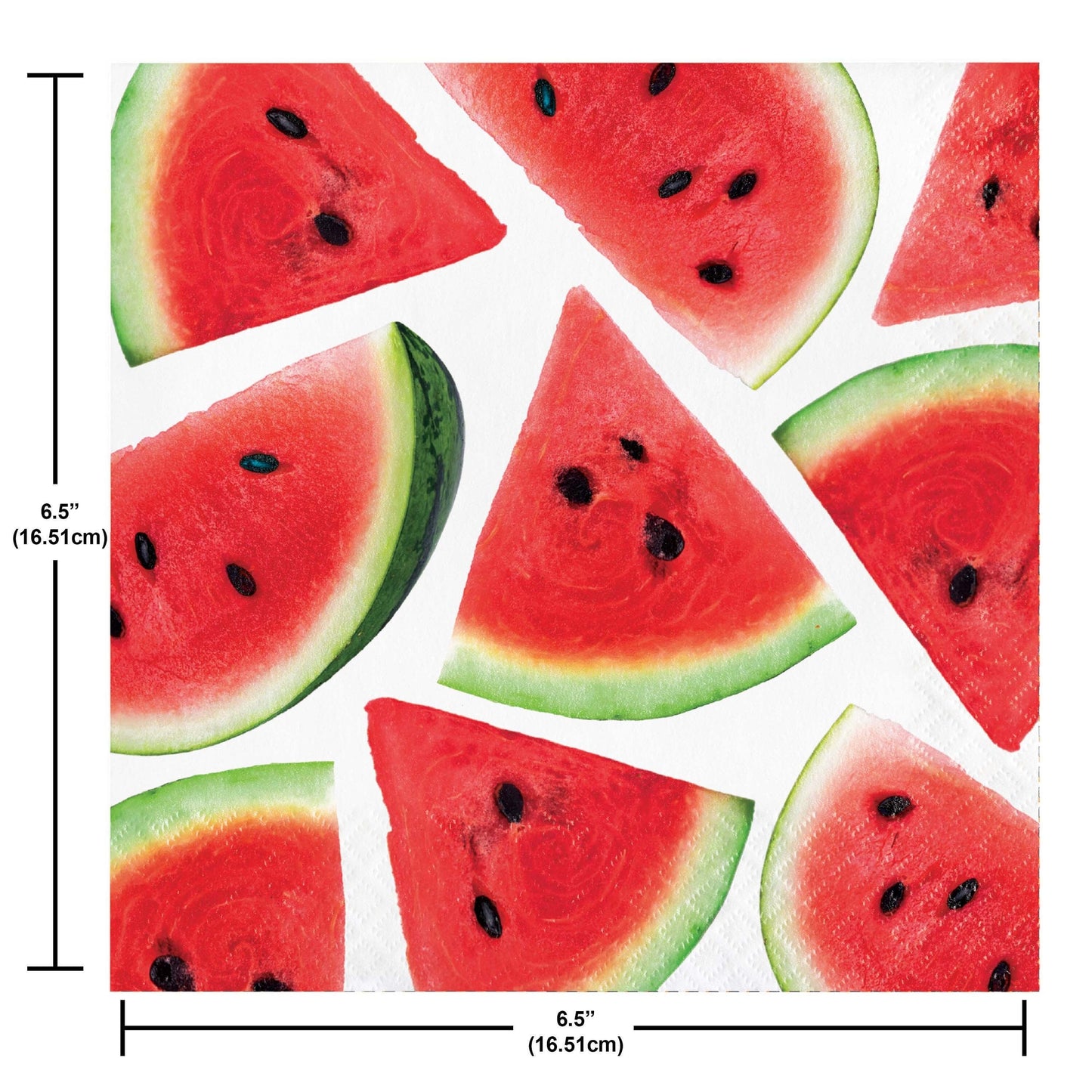 Napkins featuring a collage of watermelon slices on a white background. Measurements shown.