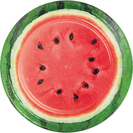 Paper plate featuring a sliced watermelon with green rind on a white background