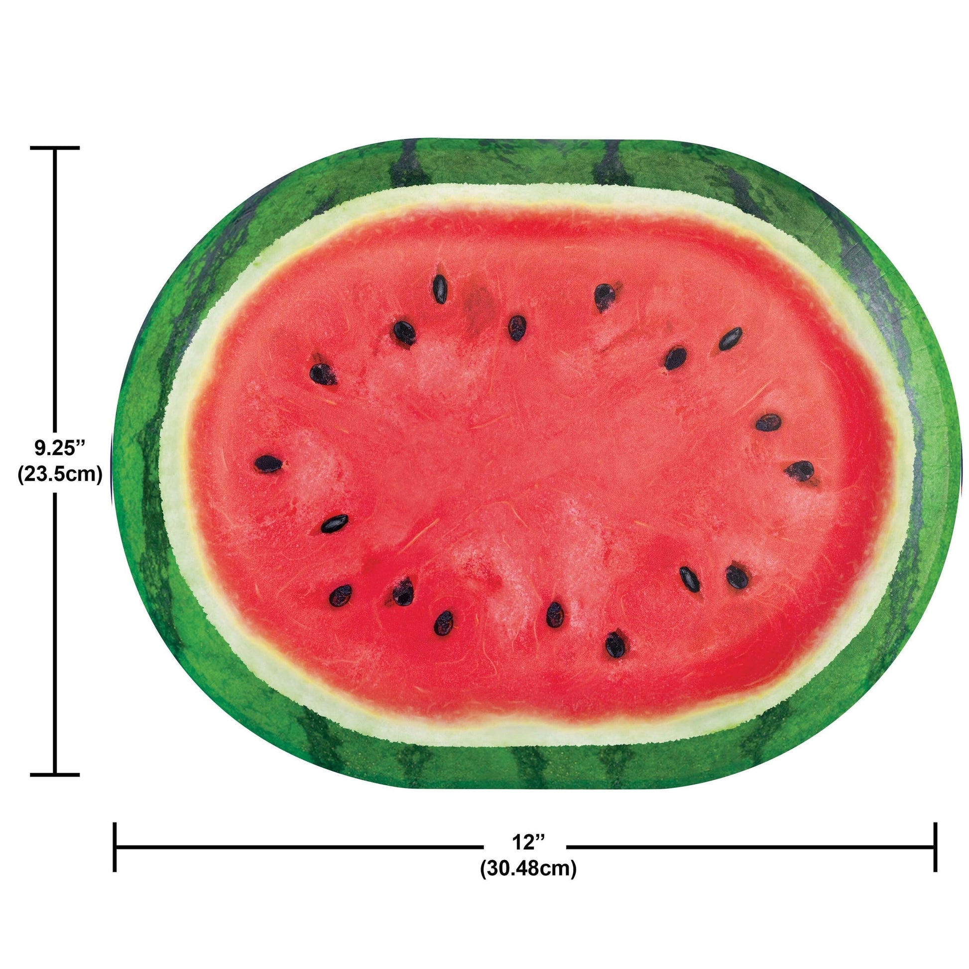 Oval paper plate featuring a sliced watermelon with green rind on a white background. Measurements included.