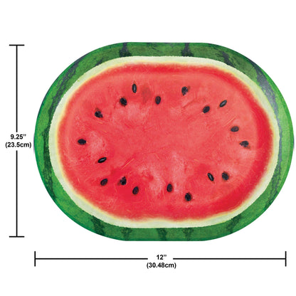 Oval paper plate featuring a sliced watermelon with green rind on a white background. Measurements included.