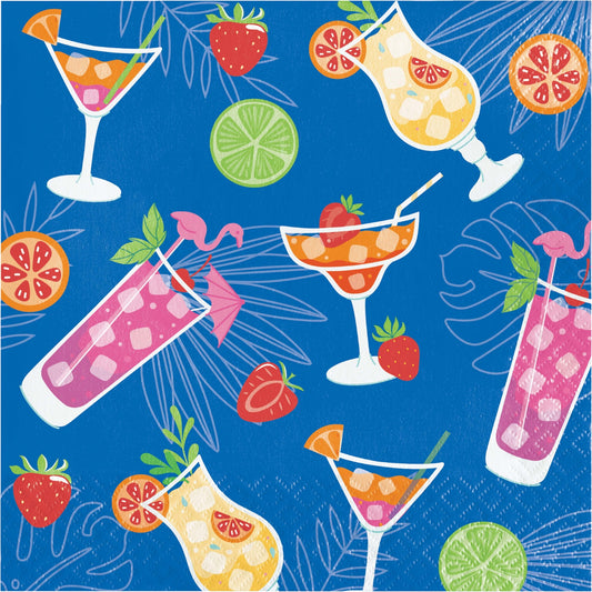 Napkins featuring a collection of colorful cocktails and fruits on a blue background