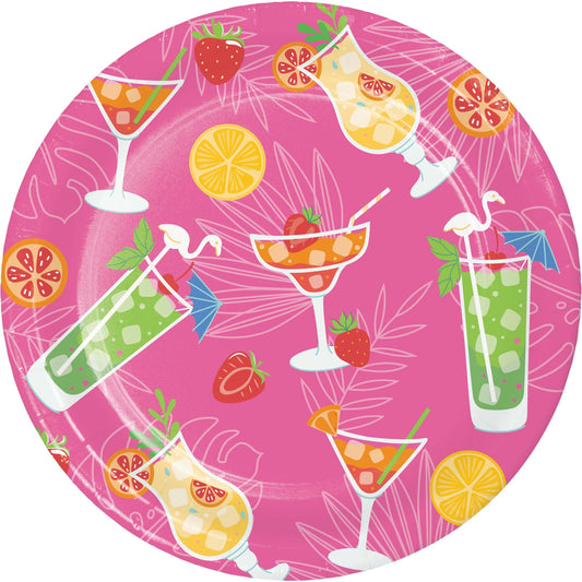 Round pink plate with colorful drink and fruit pattern on a white background