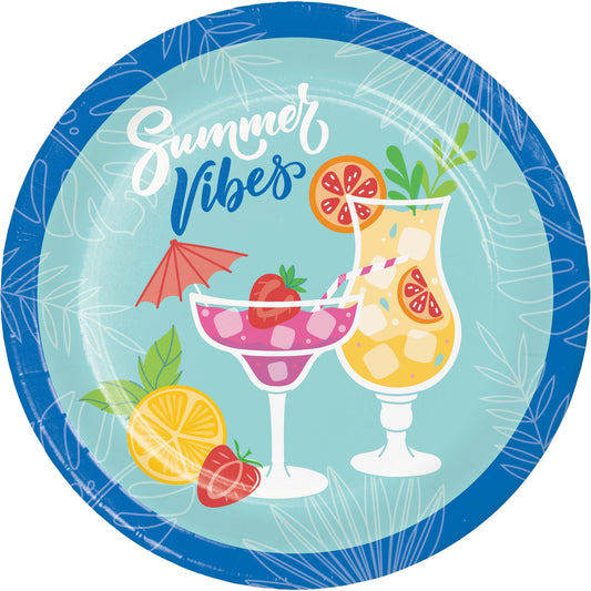 Round paper plate with 'Summer Vibes' text, cocktail design, and fruit illustrations on a blue border.