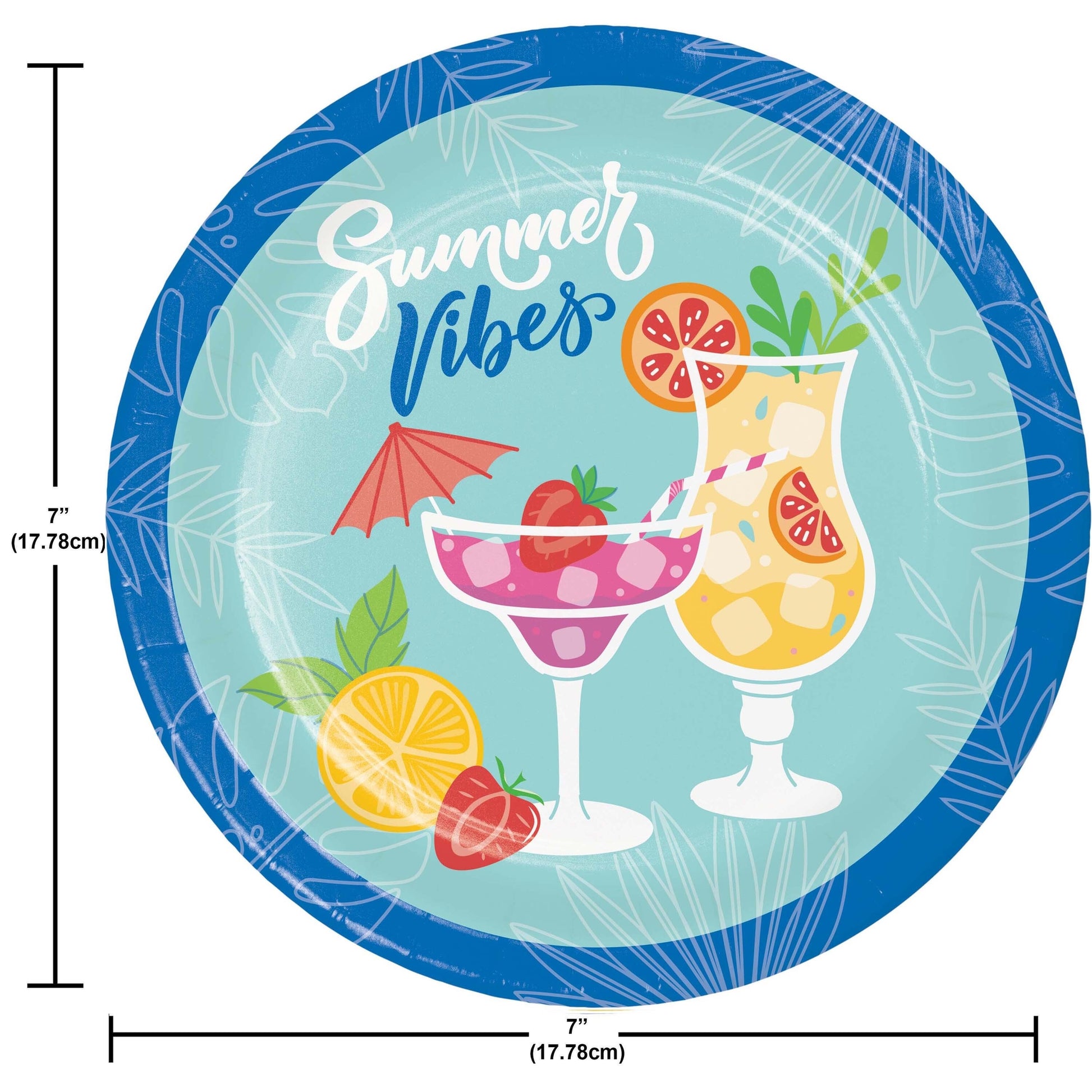 Round paper plate with 'Summer Vibes' text, cocktail design, and measurements.