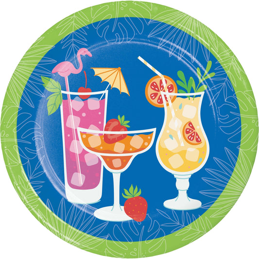 Decorative plate with tropical drinks and fruits on a blue background and a green border