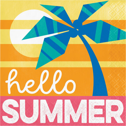 Colorful 'hello summer' napkin with palm tree design on a yellow and orange background