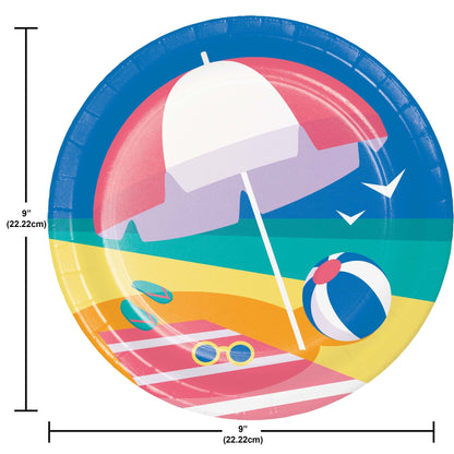Colorful paper plate with beach umbrella and ball design, dimensions indicated.