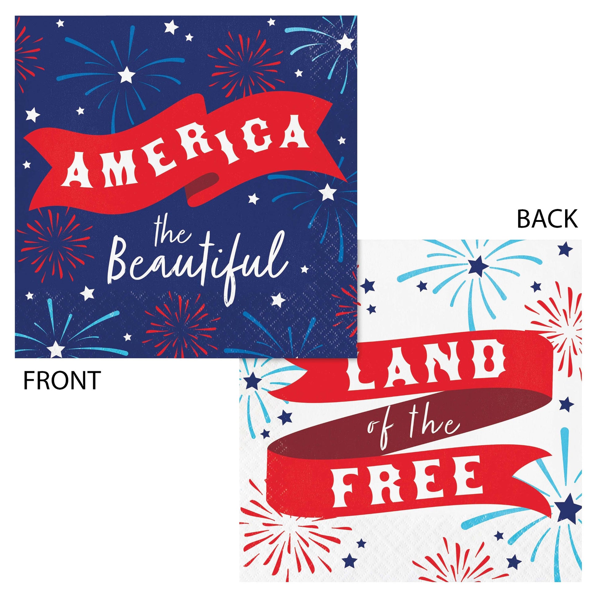 Two sides of a napkin with 'America the Beautiful' on the front and 'Land of the Free' text on the back on a fireworks background.