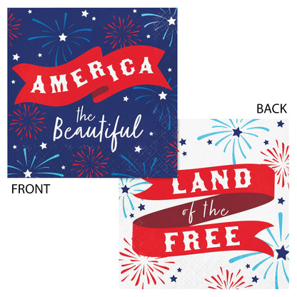 Two sides of a napkin with 'America the Beautiful' on the front and 'Land of the Free' text on the back on a fireworks background.