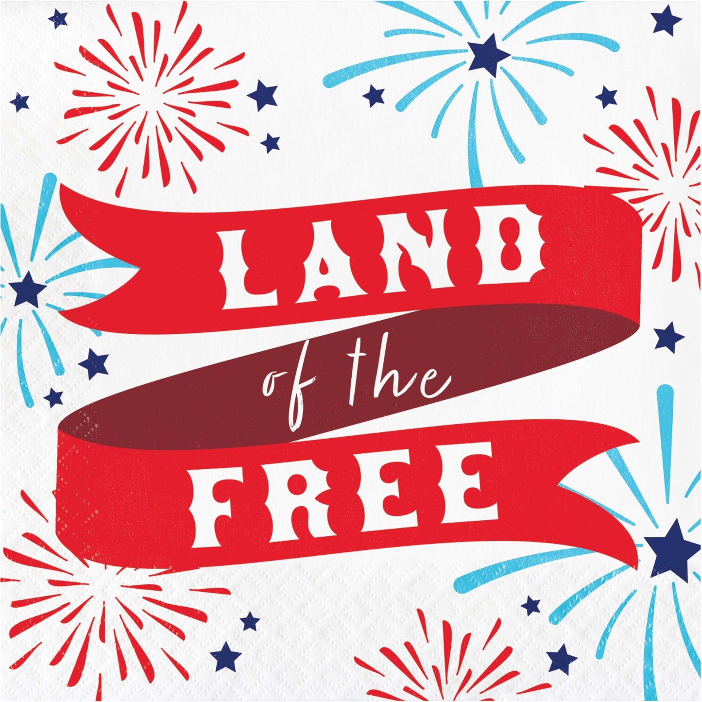 Napkin with red and white text 'LAND of the FREE' with blue and red fireworks on a white background