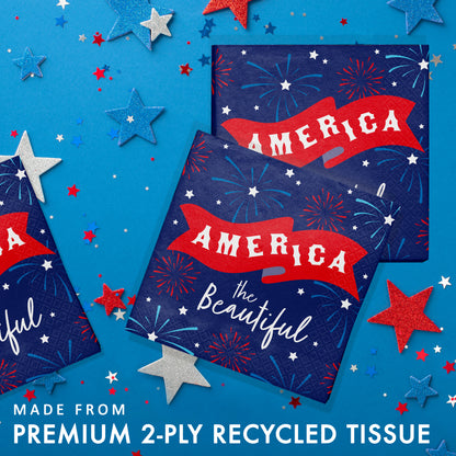 Recycled tissue paper napkin with 'America the Beautiful' design on a blue background with stars.