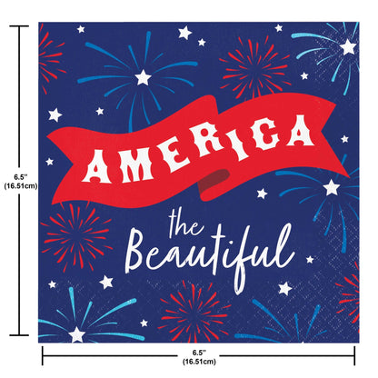Napkin with 'America the Beautiful' text and fireworks design on a blue background. Measurements shown.