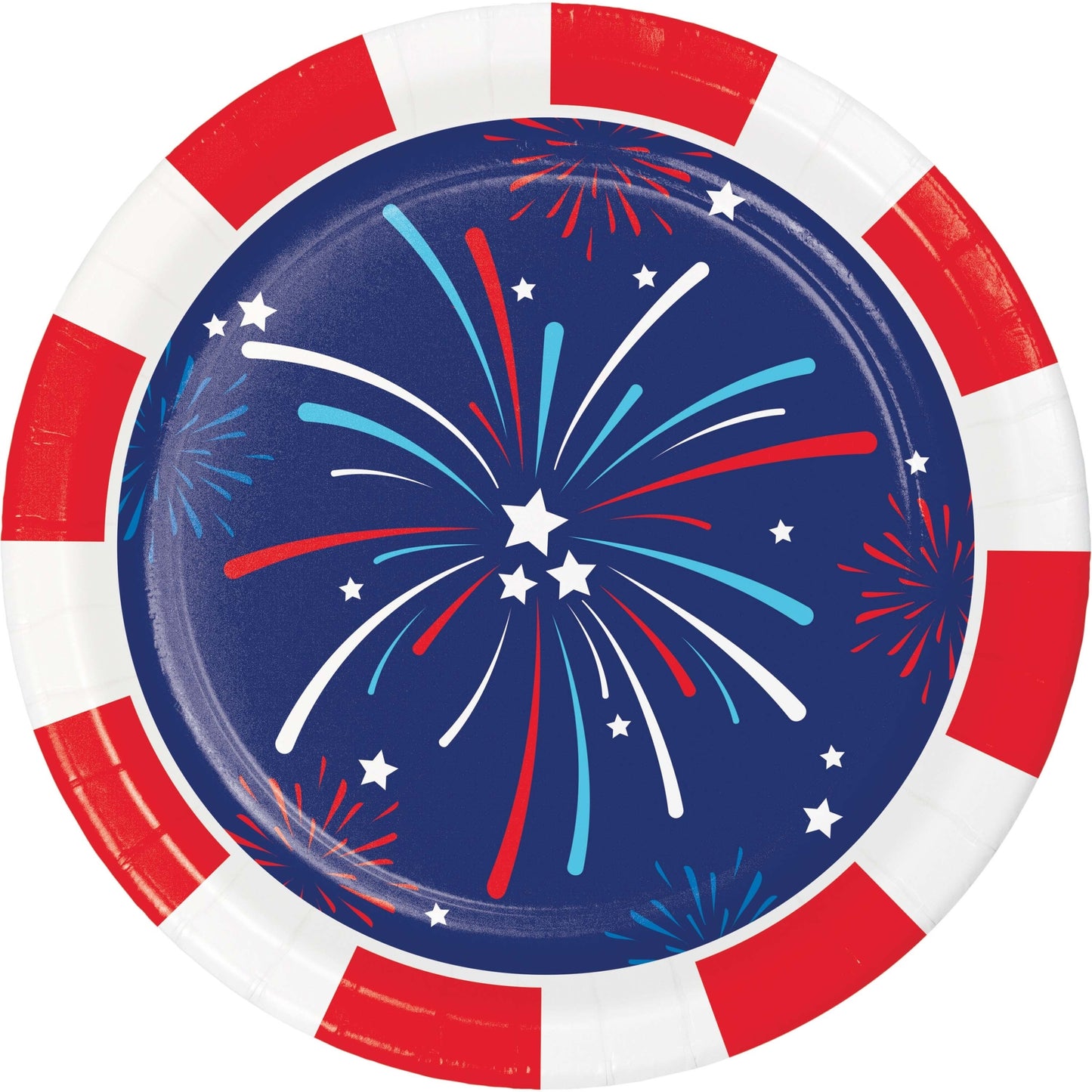 Paper plate with red, white, and blue fireworks design on a white background