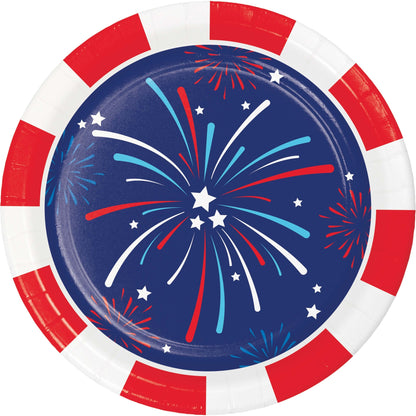 Paper plate with red, white, and blue fireworks design on a white background