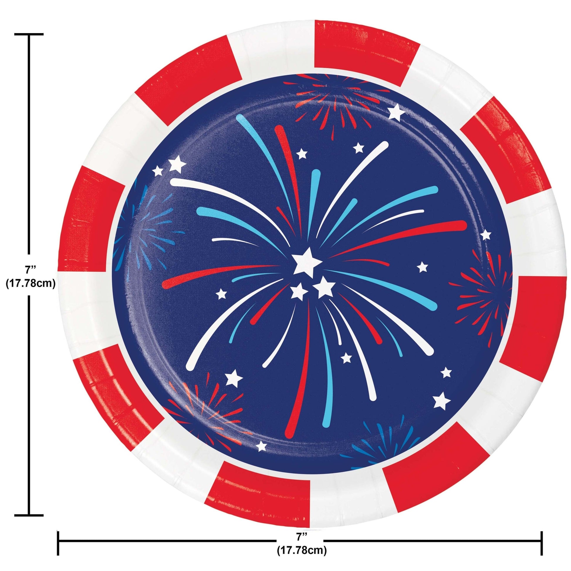 Paper plate with red, white, and blue fireworks design on a blue background, with measurements indicated.