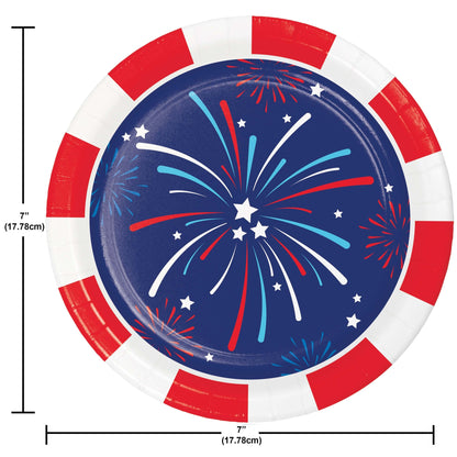 Paper plate with red, white, and blue fireworks design on a blue background, with measurements indicated.