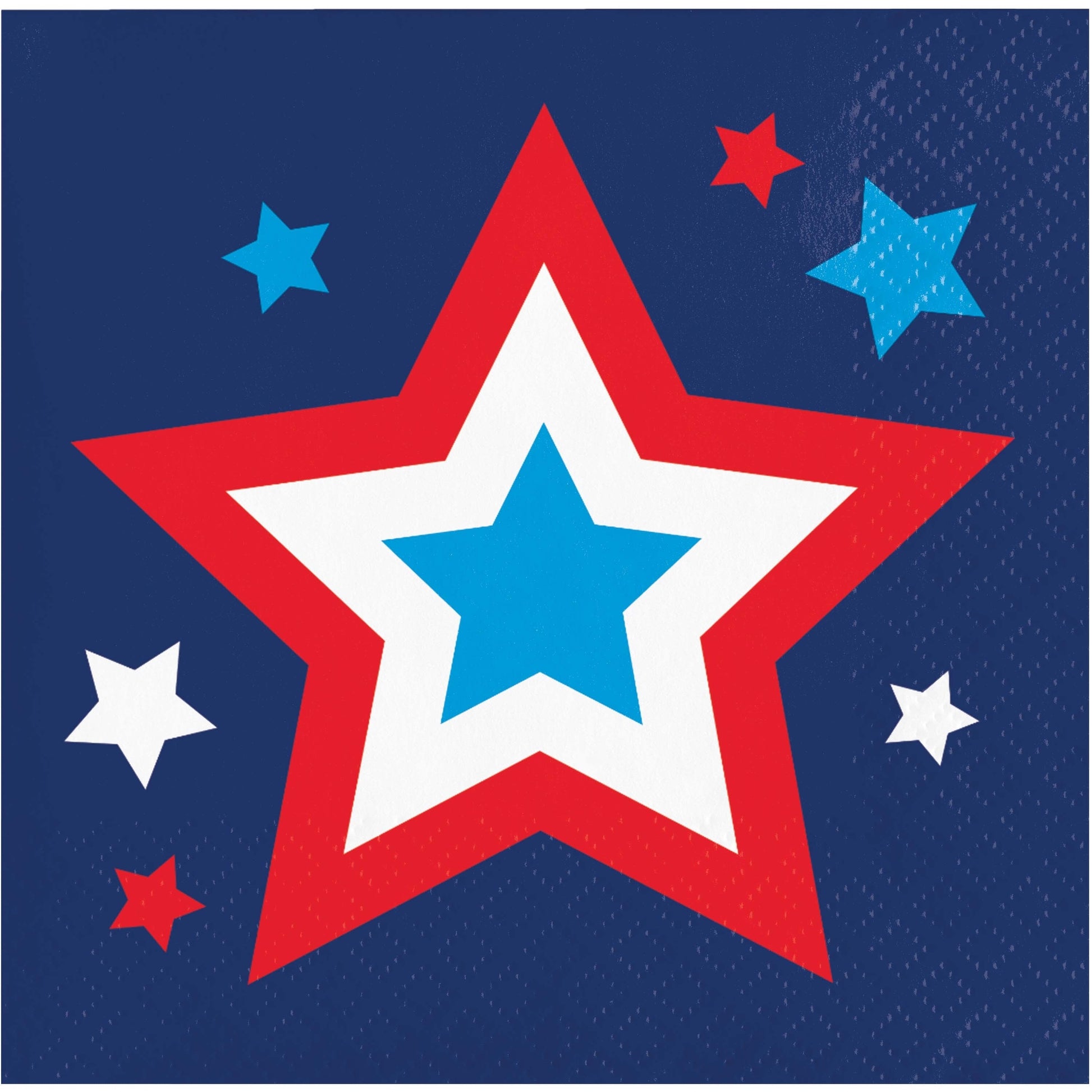 Napkin with a large red star in the center, surrounded by smaller blue and white stars on a blue background.