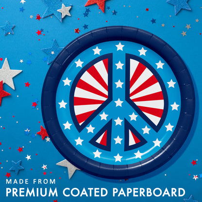 Peace symbol plate with red, white, and blue design on a blue background with stars and 'Made from premium coated paperboard' text