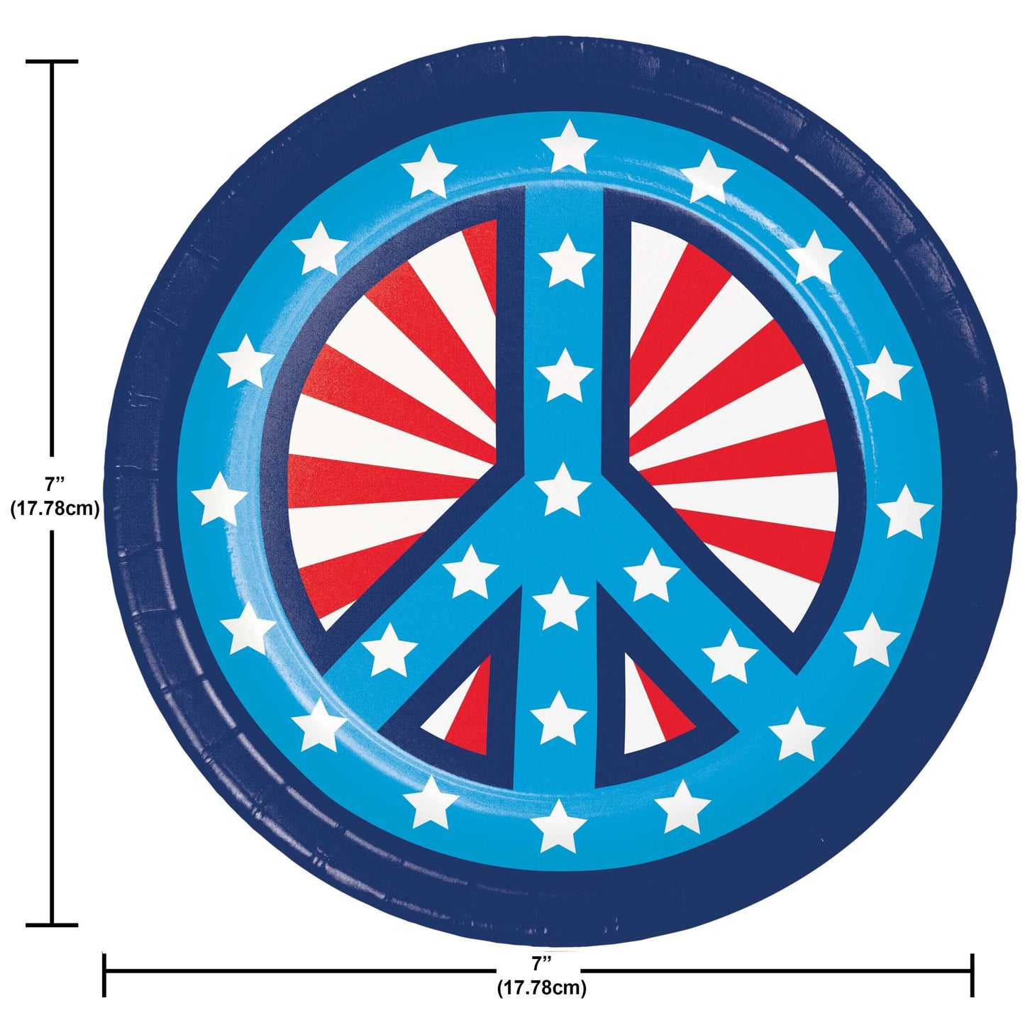 Peace symbol plate with red, white, and blue design on a blue background. Dimensions shown.